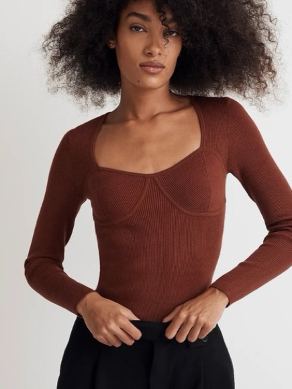 Madewell Rust Brown Ribbed Sweetheart Neckline Long Sleeve Top XS Casual Basic